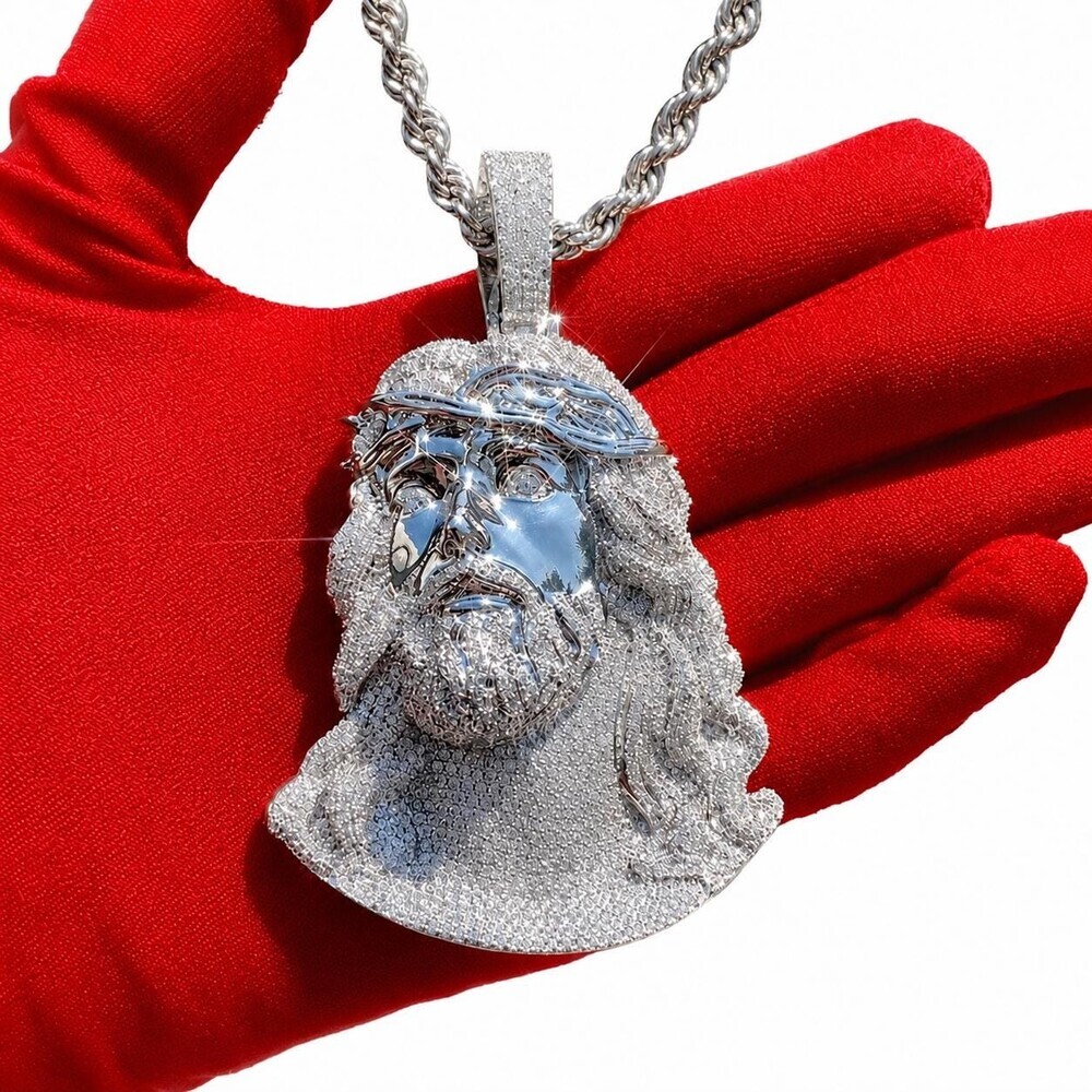 Iced Out Jesus Piece Pendant, Silver Rope Chain, CZ Hip Hop Necklace - Picture 7 of 9